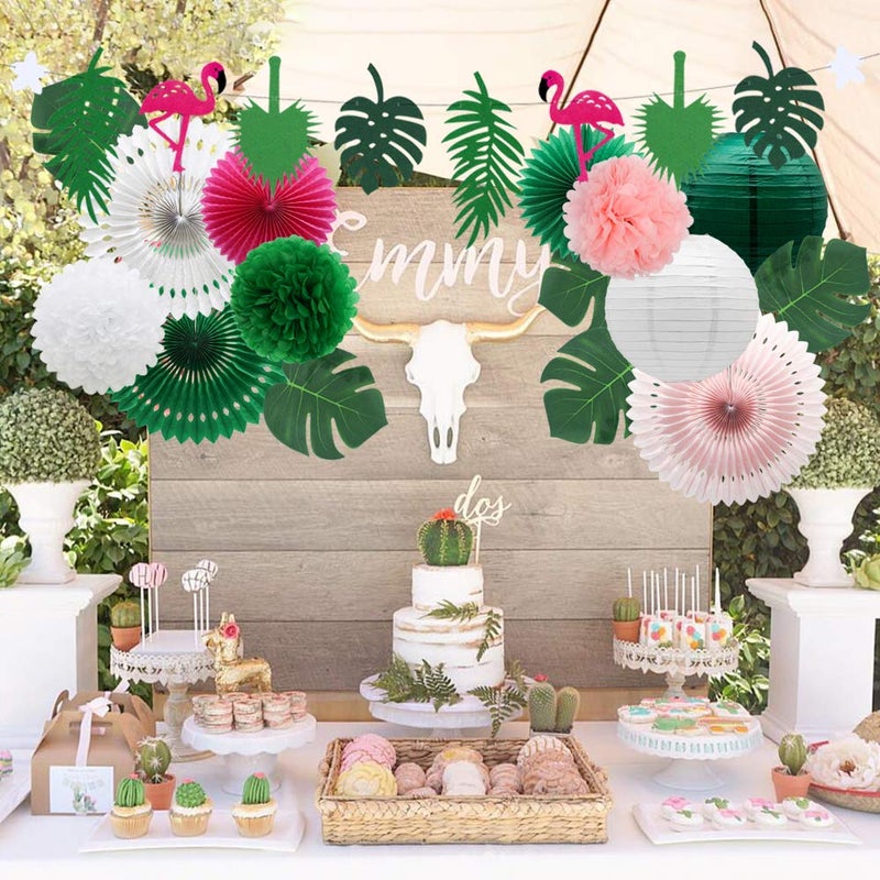 Meiduo Tropical Flamingo Palm Leaves Party Decorations with Paper Fans Paper Lanterns Pom Poms Flowers for Birthday Bridal & Baby Shower Bachelorette Hawaiian Beach Pool Summer (Green) - Image 3